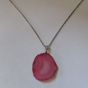 Sterling Silver 925 Necklace Pink Agate Pendant 10" EUC Like New Boho Hipster